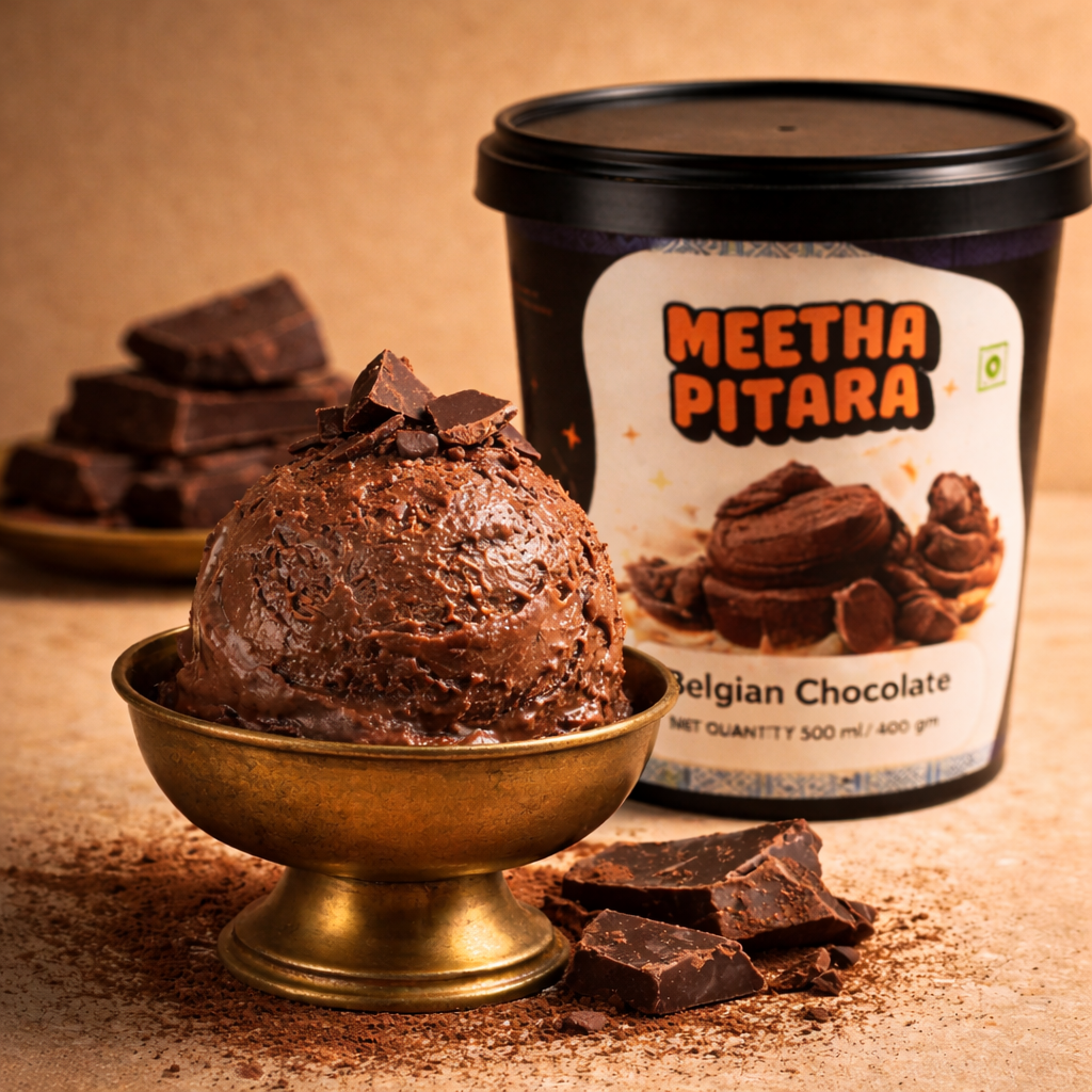 Belgian Chocolate gelato in brass bowl with chocolate chunks